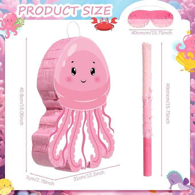Blosssound Jellyfish Piñata Under the Sea Party Decorations Supplies Cute Pink Piñata Set with Stick Blindfold for Ocean Mermaid Theme Birthday Baby Shower Wedding Celebration Decorations(Jellyfish)