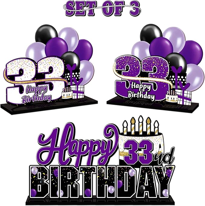LINGTEER Happy 33rd Birthday Purple Acrylic Table Topper Centerpieces Set - Cheers to 33 Years Old Birthday 33rd Bday Party Gift Decorations.
