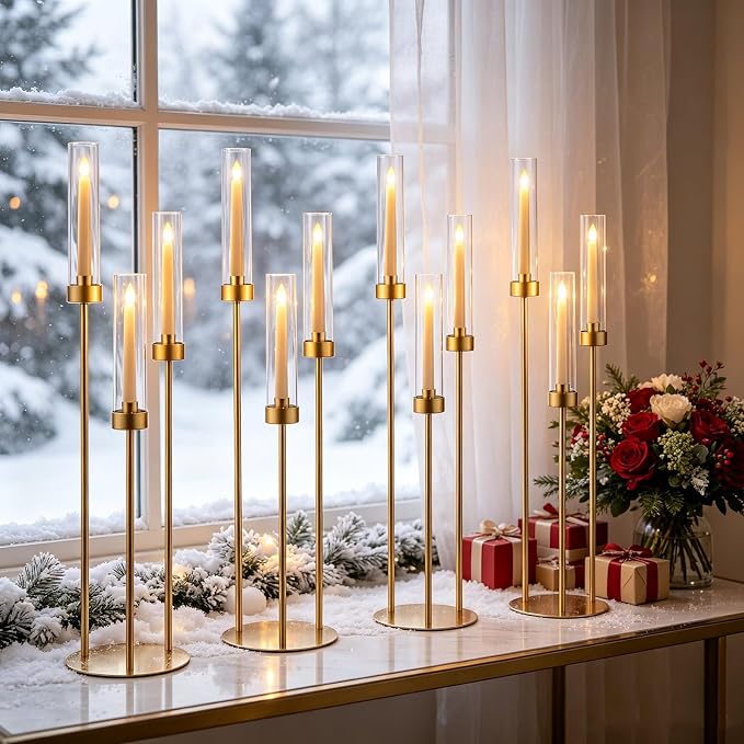 4pcs Gold Candelabra Centerpieces for Wedding Tables, 33.8'' Tall 3 Arm Candle Holder with Acrylic Lampshade for Wedding, Party, Events, Christmas & Halloween Home Decor, Fit LED Taper Candles