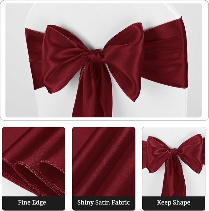 Pesonlook 60 PCS Burgundy Satin Chair Sashes Bows Satin Sashes Universal Chair Cover for Wedding Reception Restaurant Event Decoration Banquet,Party,Hotel Event Decorations (7 x 108 inch)