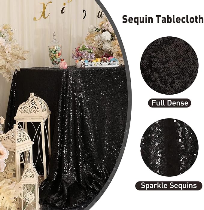 Poise3EHome Black Sequin Tablecloth 50×72 Inch Rectangle Table Cover Overlay for Birthday Halloween Party Holiday Baby Shower Decoration