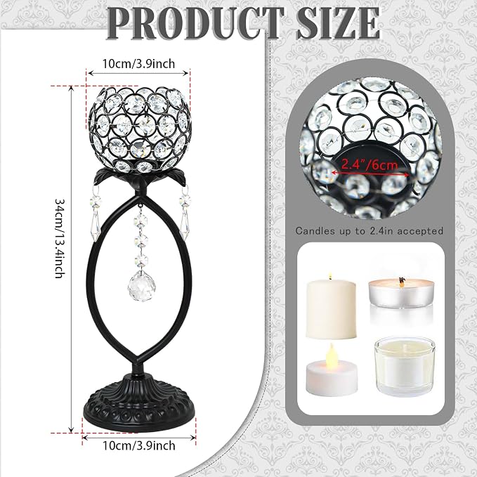 6 Pcs Black Elegant Metal Crystal Tea Light Candle Holders with Crystal Pendants, Hollow Design - Wedding Table Centerpieces for Anniversary Birthday Party, Home Decor