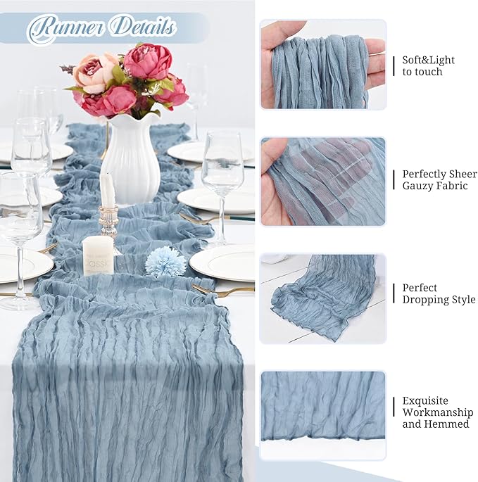 24 Pack Dusty Blue Cheesecloth Table Runner ,10FT Cheese Cloth Table Runner for Wedding Decor, 20x120inch Rustic Boho Gauze Table Runners for Wedding Party Bridal Shower