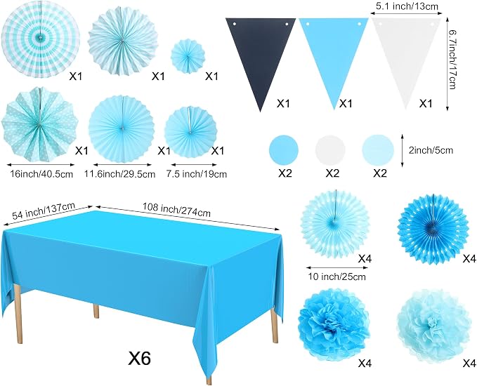 Fullhawl 27 Pcs Navy Blue Party Decoration, 6 Pcs Disposable Tablecloth 21 Pcs Hanging Paper Fans, Pom Poms Flowers, Garland String Polka Dot and Triangle Flag Set for Birthday, Wedding