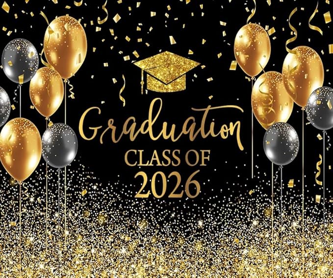 DASHAN 10x8ft Graduation Decorations Backdrop Black Gold Congrats Grad Class of 2026 Backdrop for Photography Graduation Ceremony Party Supplies Background Cake Table Banner Decor Photo Booth Props