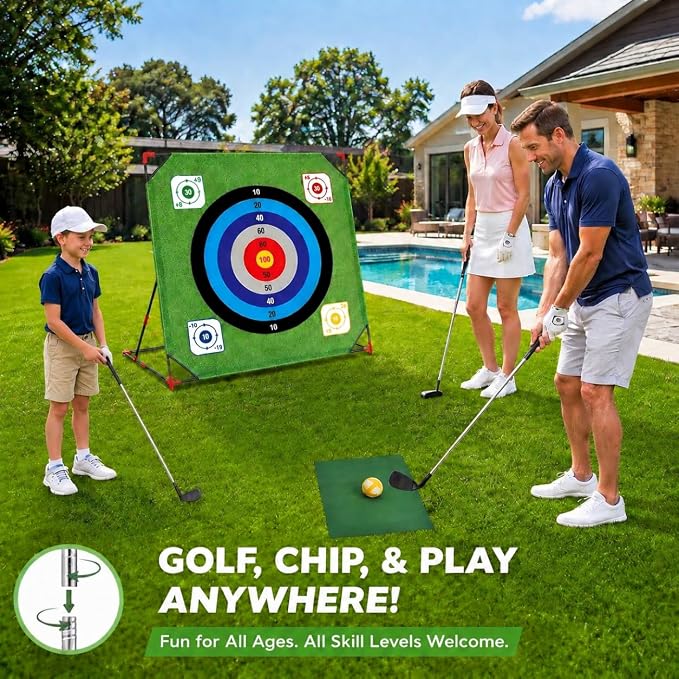 Golf Chipping Game, Battle Game for Kids & Adults, Giant 54”x54” Golf Target Mat with 16 Sticky Balls, 8 Bean Bag, 6 Axe & 2 Soccer, Perfect for Family Fun, Lawn, Poolside, Backyard Party