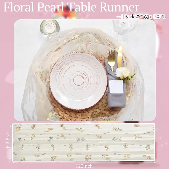Lounsweer Apricot Wildflower Table Runner 10ft Embroidery Tulle Spring Floral Table Runner Seasonal Summer Butterfly Kitchen Dining Gauze Decoration for Wedding Baby Shower Birthday Party