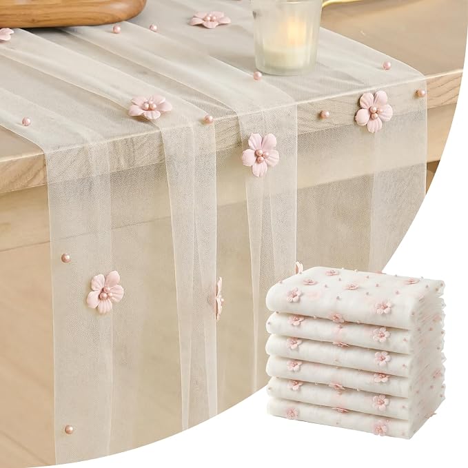 Artoid Mode Pink Flower Pearl White Gauze Table Runner 10FT 6PC, Seasonal Sheer Dining Holiday Wedding Birthday Baby Shower Table Decor for Home Party