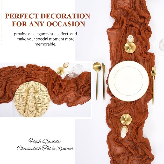 16 Pack 10Ft Cheesecloth Table Runner Terracotta, 20 x 120 Inch Rustic Gauze Boho Cheese Cloth Table Runners Wedding Long Table Runner for Wedding Party Bridal Shower Table Decoration
