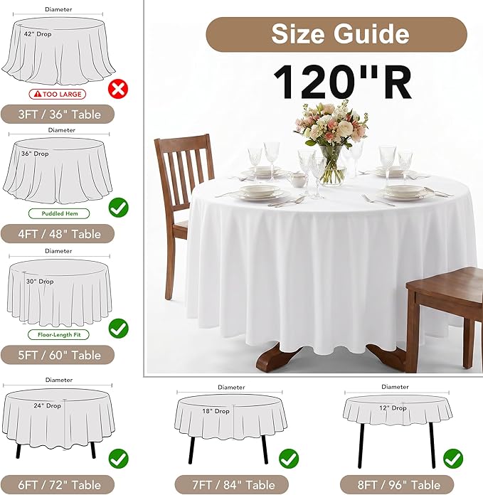 Fitable 6 Pack Ivory Round Tablecloths - 120 Inches in Diameter - Stain Resistant and Washable Table Clothes, Polyester Fabric Table Covers for Wedding, Party, Banquet, Formal Events