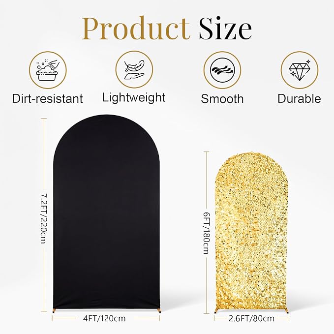 Black and Gold Arch Covers 7.2 and 6FT Sequin Arch Backdrop Cover Set of 2, Spandex Fitted Bling Sequin Arch Stand Covers for Birthday Party Ceremony Baby Shower Banquet Decoration