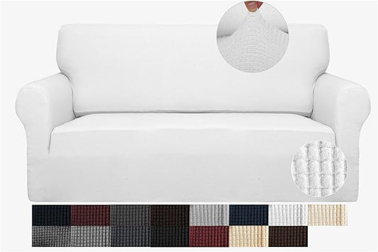 JIVINER High Stretch 1-Piece Jacquard Small Checks Couch Covers for 2 Cushion Couch Anti Slip Love Seat Sofa Covers Loveseat Slipcovers Protector for Kids Pets (Loveseat, White)