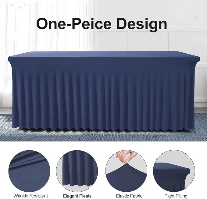 BDDC One-Piece Spandex Table Cover Skirt for 8FT Rectangle Tables | GRS-Certified Eco-Friendly Fabric, Elastic Fitted Ruffle Tablecloth, Washable, For Banquets, Weddings & Parties