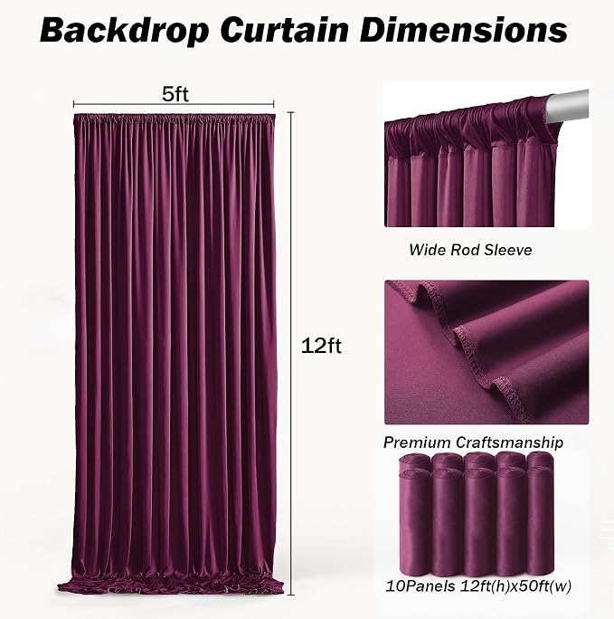 50ft×12ft Burgundy Backdrop Curtains for Wedding Parties, 10 Panels Wrinkle Free Polyester Photo Backdrop Drapes Back Drop Cloth for Birthday Photography Background