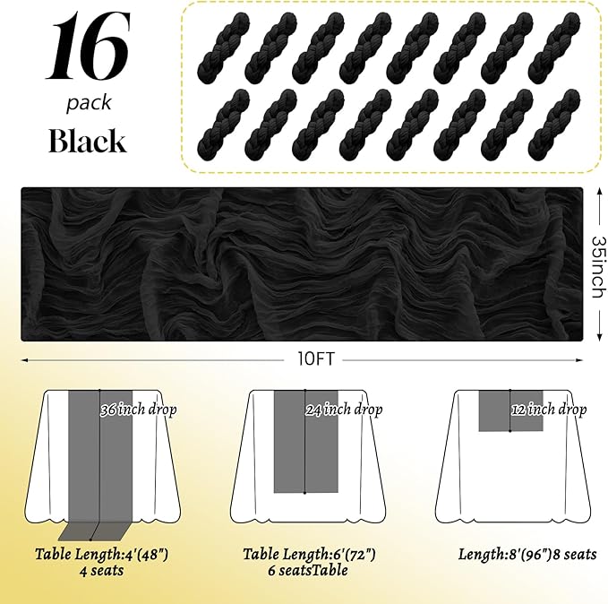 16Pack Black Table Runner 10FT Black Cheesecloth Table Runner 35x120Inch Long Boho Cheese Cloth Table Runners Rustic Gauze Table Runners for Party Wedding Table Decor