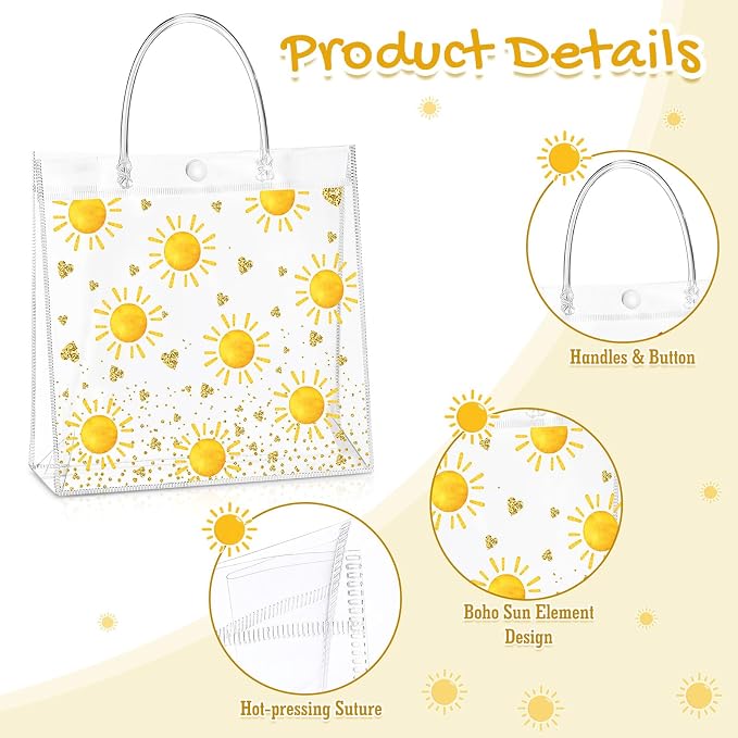 Hosuly 24 Pcs Boho Sun Clear PVC Gift Bags with Handle Button Reusable Yellow Sunshine Candy Treat Goodie Favor Bags for First Birthday Baby Shower Retro Summer Party Supplies