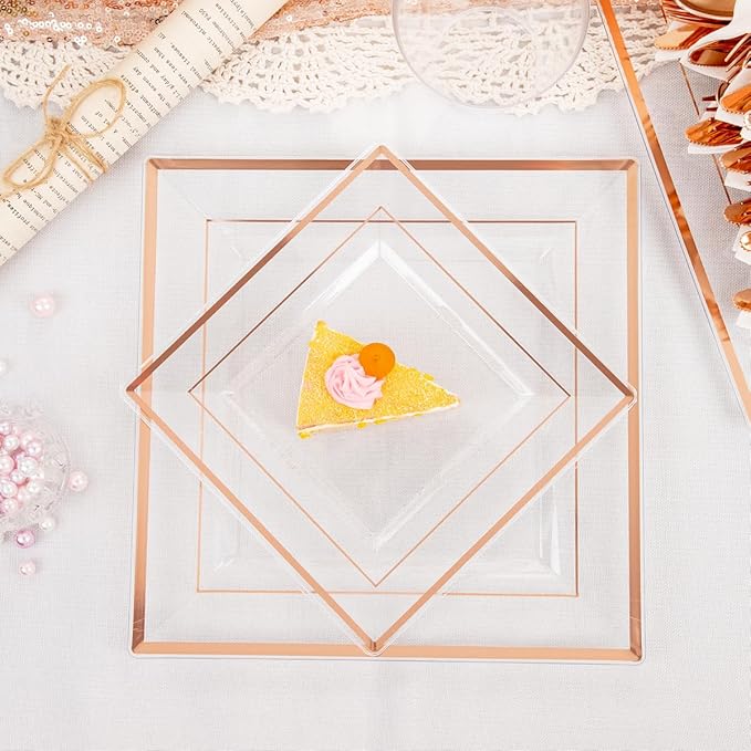 DaYammi 175 PCS Rose Gold Plastic Plates, Rose Gold Plastic Dinnerware Sets Includes: 25 Dinner Plates, 25 Salad Plates, 25 Pre Rolled Napkins with silverware 25 Cups 9 OZ, Perfect for Mother's Day