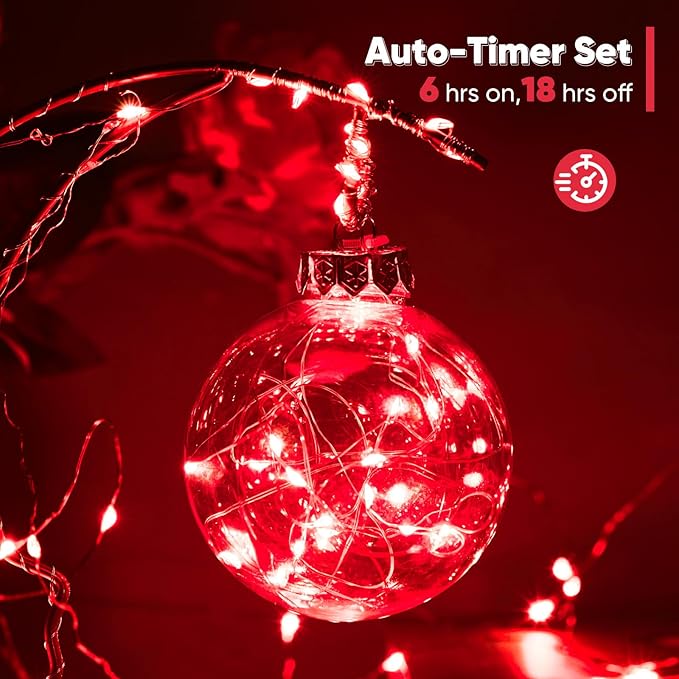 Ariceleo 4 Pack 65.6 Ft. Battery Operated Outdoor String Lights with Remote & Timer, LED Red Fairy Lights, Waterproof Twinkle Lights for Bedroom, Dorm, Mason Jar, Wedding, Party, Christmas