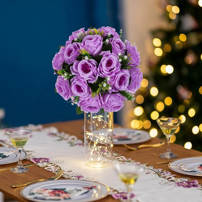 BLOSMON Flower Balls Table Centerpieces: 2 Pcs Fake Roses with Base Decor | Lilac Withe Kissing Floral Balls Arrangements for Wedding Decor - Faux Silk Flower Bouquet Home Party Event DIY Decorations