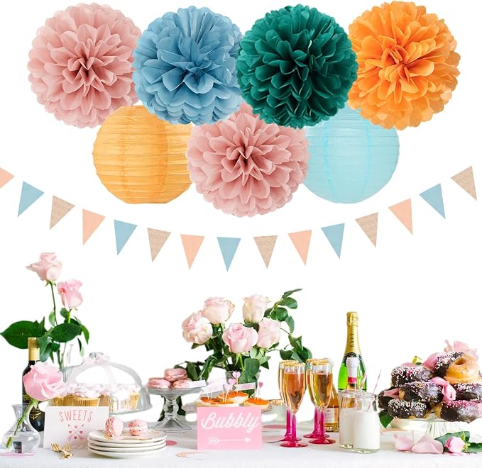 Dusty-Blue Orange Teal Party-Decorations Paper-Flowers - 15pcs Fall Rose Gold Blush Pink Birthday Baby Bridal Shower Tissue Pom Poms Lanterns Streamers,Wedding Bachelorette Hanging Supplies Hugfond