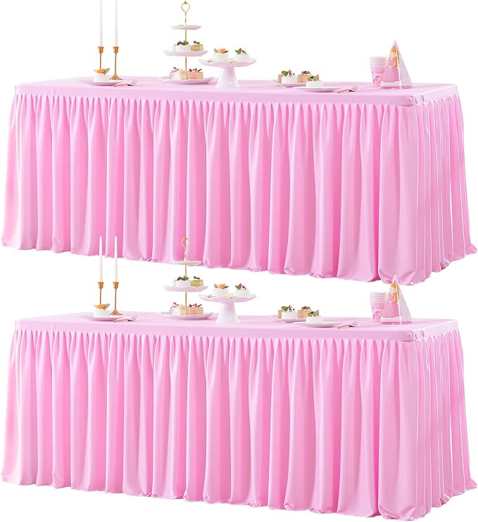 2 Packs Pink Tableclothes for 6 Foot Rectangle Tables, Wrinkle Free Fitted Table Cloth 6ft Stretch Table Cover with Skirt for Parties Weddings Birthday Banquet Baby Shower