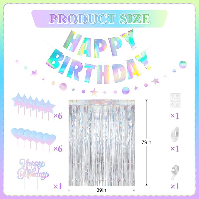 Disco Party Decorations, Iridescent Happy Birthday Star Hanging Banner Cake Topper, Disco Ball Heart Foil Balloons Silver White Confetti Balloon Fringe Curtain for Groovy Birthday Party Decoration