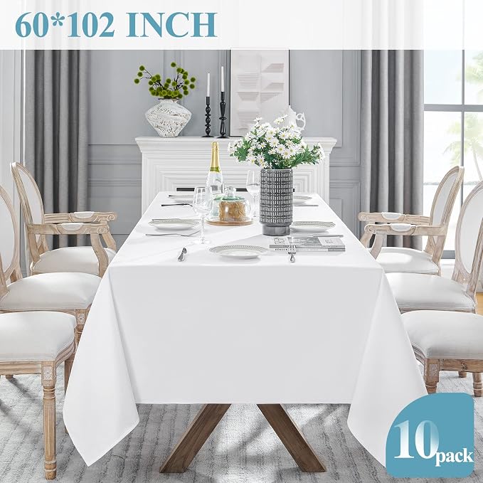 VidaFete Tablecloth 60 * 102inch 10 Pack Rectangle Table Cloth Polyester, Stain Wrinkle Resistant Dining Table Cover for Kitchen Dinning Party Wedding Rectangular Tabletop Buffet Decoration(White)