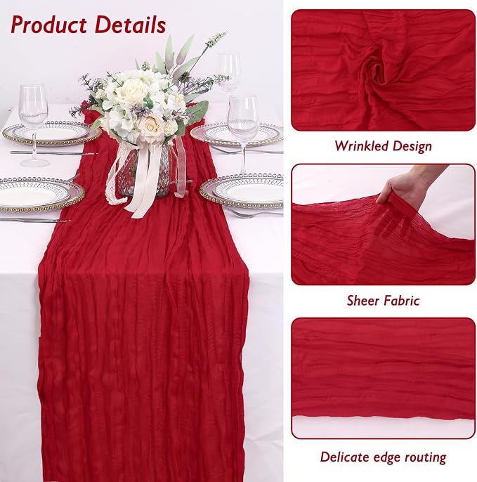 3 Pack Red Cheesecloth Table Runner 120 Inch 10FT Cheese Cloth Fabric Runners for Banquet, Valentine's Day, Independence Day, Retro Decoration