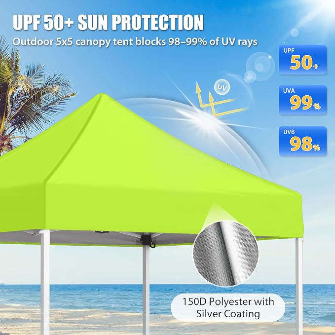 EAGLE PEAK 5x5 Pop Up Canopy Tent Instant Outdoor Canopy Easy Set-up Straight Leg Folding Shelter, Neon Green