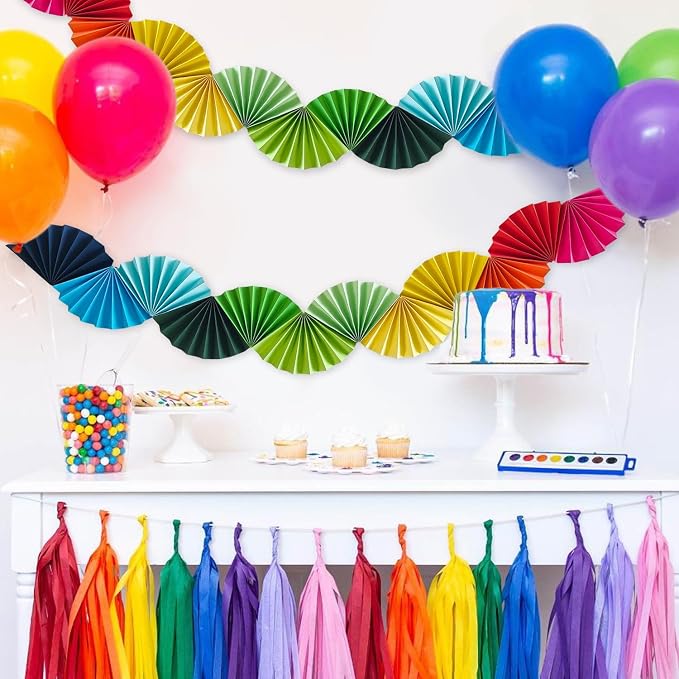 3 Pack Wedding Paper Fans Garland 15.6ft Colorful Background Ceiling Hanging Decorations Set for Birthday Party Supplies 3D Bachelorette Party Decorations (Rainbow)