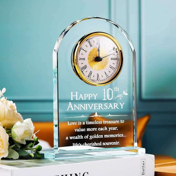 YWHL 10 Year Wedding Anniversary Clock Gifts for Couples, Laser Engraved 10th Anniversary Glass Keepsake for Him Her, 10 Year Wedding Gifts for Wife Husband (Battery not Included