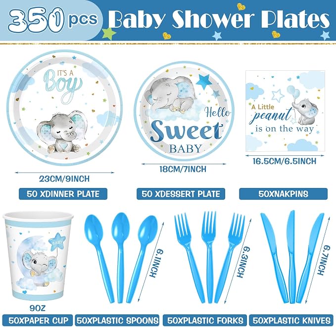 405 Pcs Blue Elephant Theme Baby Shower Decorations, It's a Boy Theme Baby Shower Tableware Set Plates Napkins Cup Cutlery, Elephant Party Supplies with Tablecloth Banner, Serves 50 Guests
