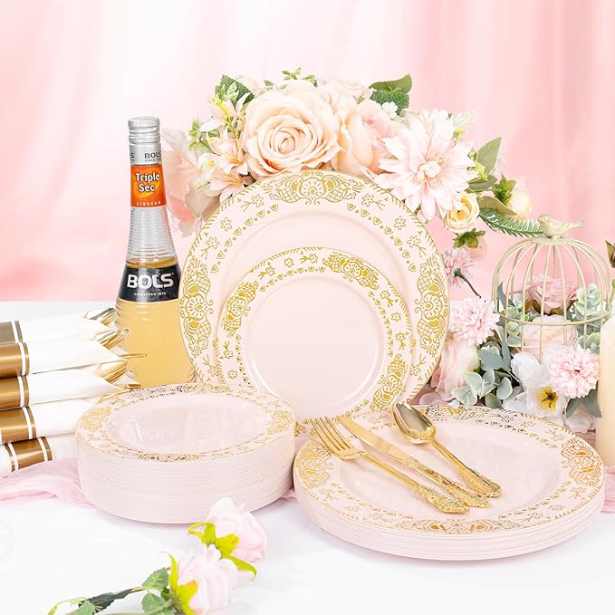 GATHER 350PCS Pink and Gold Plastic Plates - Gold Disposable Dinnerware Set Include 50 Dinner Plates, 50 Dessert Plates, 150 Plastic Silverware, 50 Napkins, 50 Cups for Wedding & Mother's Day