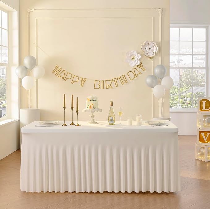 Outpain 8ft Spandex Table Cloth for Standard Folding Tables-6Pack Ivory Table Cloth Table Protector for Party, Wedding, Cocktail, Banquet, Festival