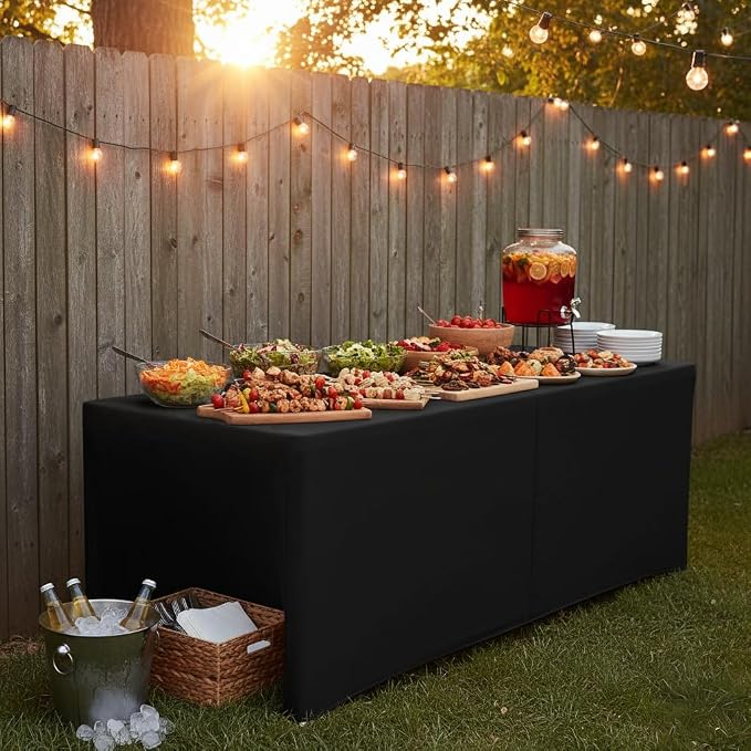 HolidayIdeas 4-Pack 8ft Open Back Fitted Tablecloths for Craft Shows Black | 3-Sided coverage wrinkle resistant tablecloths for vendor booths,banquet events,outdoor pop-up shop