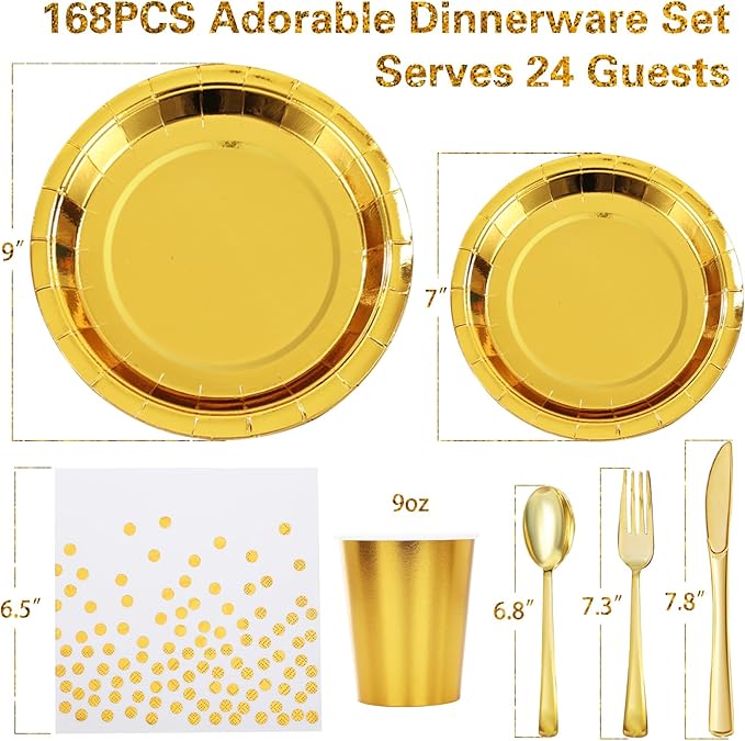 168pcs Gold Paper Plates Party Plates and Cups and Napkins Sets,Gold Plates Party Supplies Disposable Dinnerware Set Serves 24 for Anniversary Graduation Birthday Party Decorations