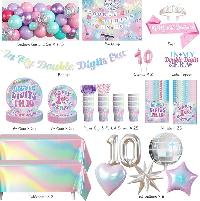 10th Birthday Decorations for Girls All-in-one Set, 279pcs Double Digits Birthday Girl Decorations Serves 25 with Backdrop Balloons Tableware Tablecloth Crown Sash Centerpiece Cupcake Toppers