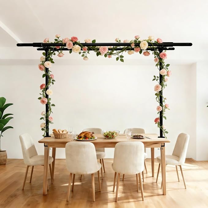Beyeutao Over The Table Rod Stand with Clamps Adjustable 16"-87" Length 16"-45" Height Black Double Crossbar Table Arch Stand Metal Table Balloon Arch for Photo Booth Party Decoration