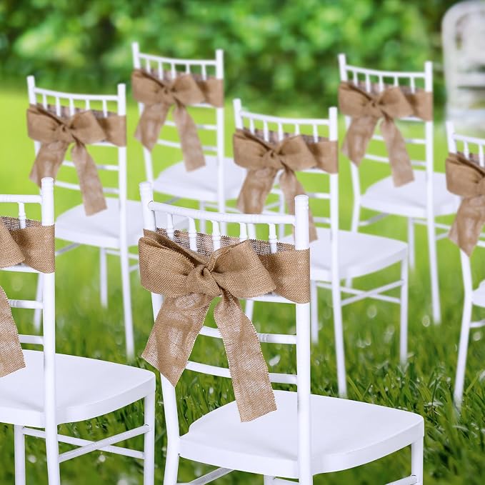 SmoothNovelty 24 Pcs Burlap Chair Sashes for Wedding Natural Jute Bow Ribbon Ties for Rustic Country Wedding Decoration Farmhouse Vintage Party Reception Birthday Anniversary Banquet, 3.9inch x 7.87ft