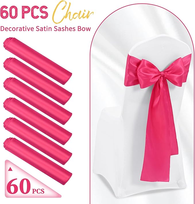 60 PCS Hot Pink Satin Chair Sashes, Ties Bows Designed Chairs Decorative, Chair Cover Sashes for Thanksgiving Wedding Christmas Banquet Party Home Kitchen Decoration (7 x 108 inch)