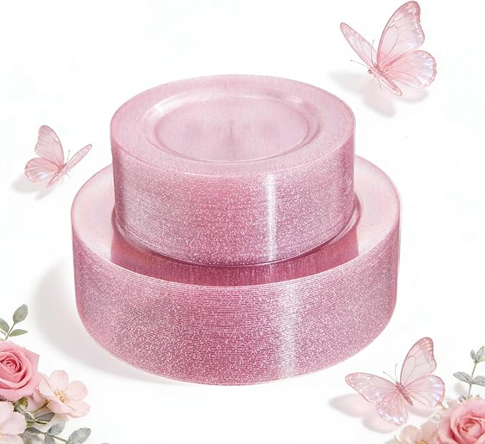 WDF 120pcs Pink Plastic Plates Disposable - Clear Pink Glitter Plates including 60PCS Dinner Plates 10.25inch and 60PCS Salad Plates 7.5inch for Wedding Baby Shower Spring Birthday