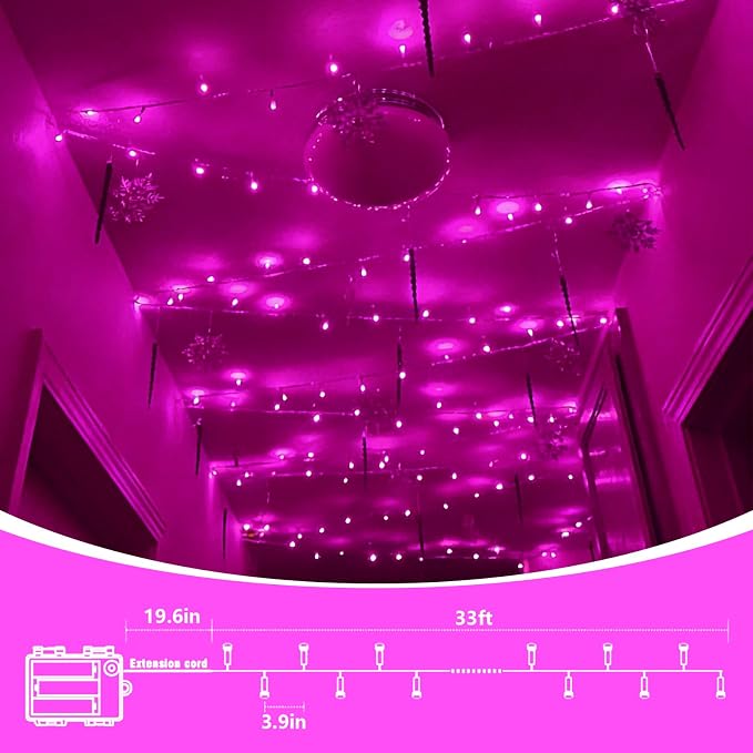 QITONG 2 Pack Battery Operated String Lights, Each 33ft 100 LED Pink Christmas Lights Outdoor Waterproof with Remote, 8 Modes Clear Wire Battery Valentine Day Twinkle Lights Indoor