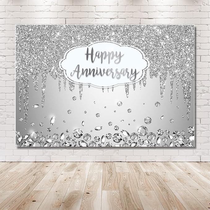 AIBIIN 8x6ft Happy Anniversary Backdrop Silver Dripping Glitter Crystals Photography Background Cheers to Wedding Anniversary Party Decorations Banner Photo Props