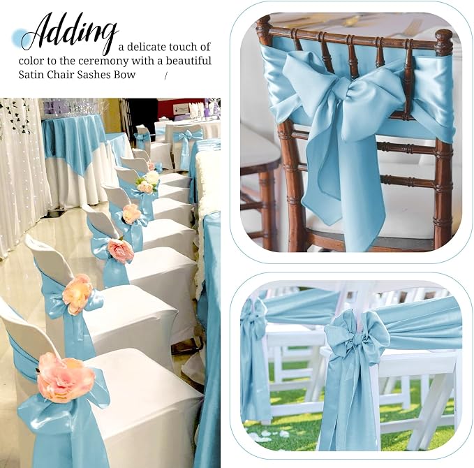 Pesonlook 120 PCS Light Blue Satin Chair Sashes Bows Satin Chair Sashes Universal Chair Cover for Wedding Reception Restaurant Event Decoration Banquet,Party,Hotel Event Decorations (7 x 108 inch)
