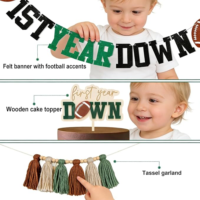 First Year Down Birthday Party Decorations-Felt First Year Down Highchair Banner, Football Themed 1st Birthday High Chair Banner, Cake Topper, Party Hat for Football 1st Birthday Party Supplies