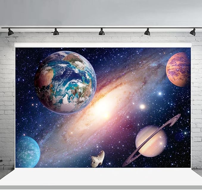 8x6FT Universe Outer Space Theme Backdrop Solar System Universe Galaxy Photography Background Milky Way Science Fiction Photo Studio Props for Children Happy Birthday Party Decor Banner