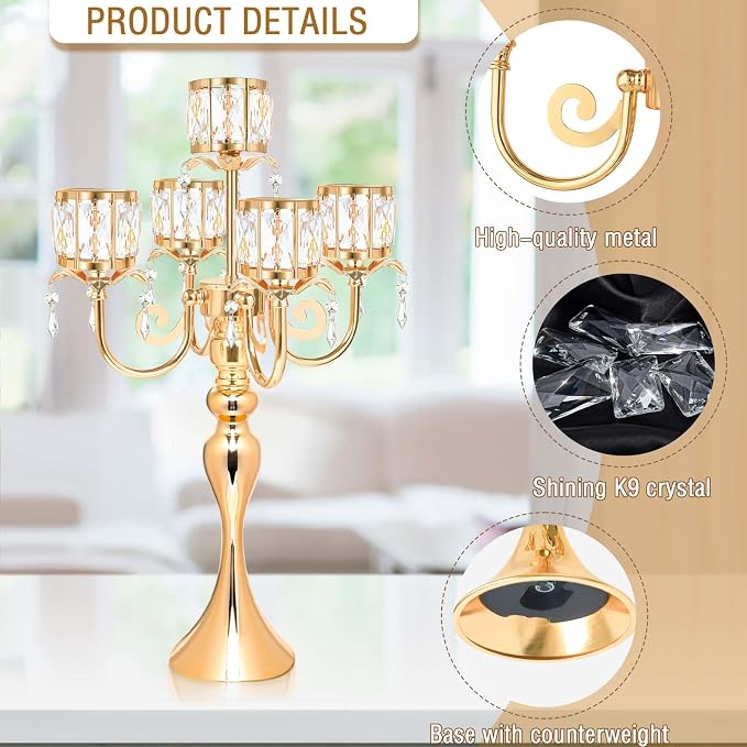 5 Arm Elegant Crystal Candle Holder,Candlestick for Wedding Table Centerpiece, 22 Inch Tall Candle Holder Table Candelabra Event Party Table Centerpiece,Home Decoration. (4, Gold, Square Crystal)
