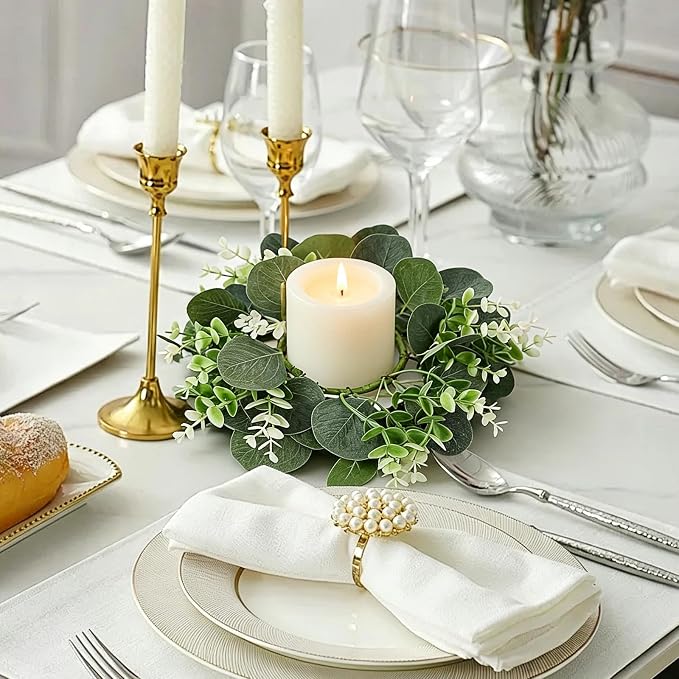 12 Pcs Artificial Eucalyptus Candle Rings Wreaths, 9 Inch Candle Rings with Baby Breath, Greenery Candle Rings for Pillar Candles, Wedding Centerpieces, Home Decor