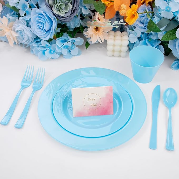 KIRE 150 Piece Blue Plastic Plates Disposable - Blue Dinnerware Set Includes 25 Dinner Plates, 25 Salad Plates, 25 Utensils Set 25 Clear Cups for Birthday/Picnic/Baby Shower/Easter/Spring
