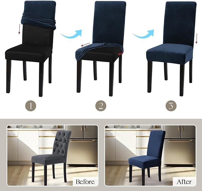 MOSAYT Velvet Stretch Chair Covers for Dining Room Set of 6 - Soft Slipcovers with Thick Removable Fabric for Parsons Chairs, Washable Seat Protectors for Kitchen, Banquet & Home Decor, Navy Blue